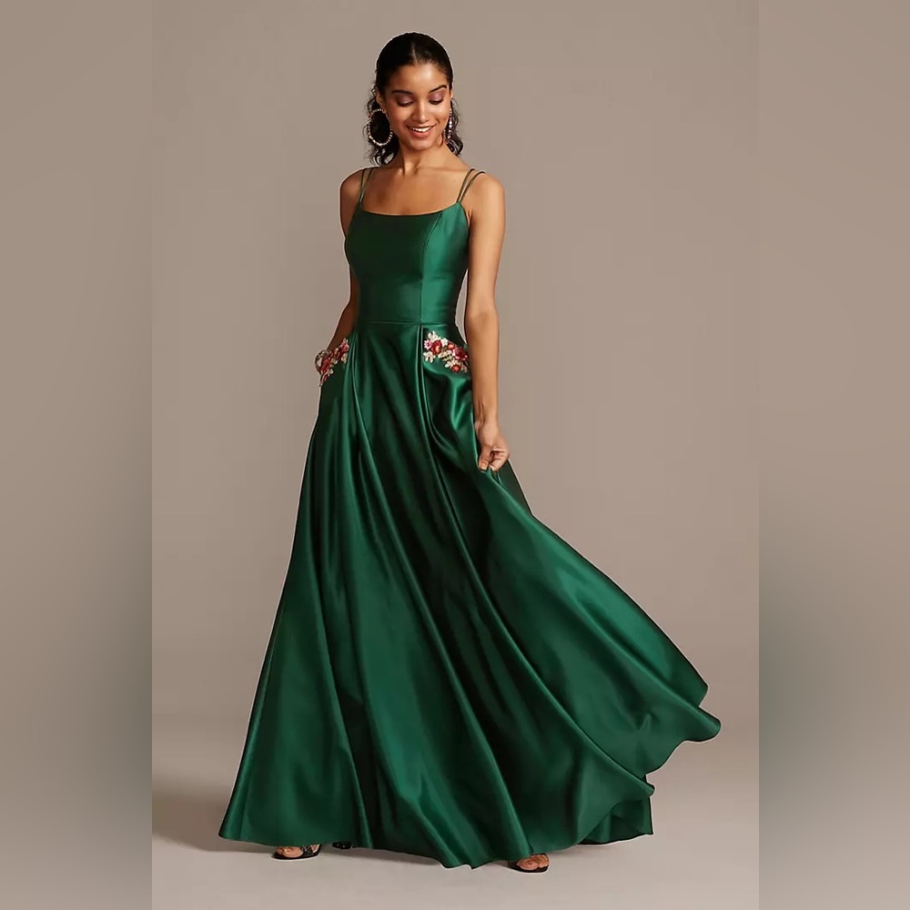 Satin Double Strap Gown with Floral Pockets - Picture 8 of 9